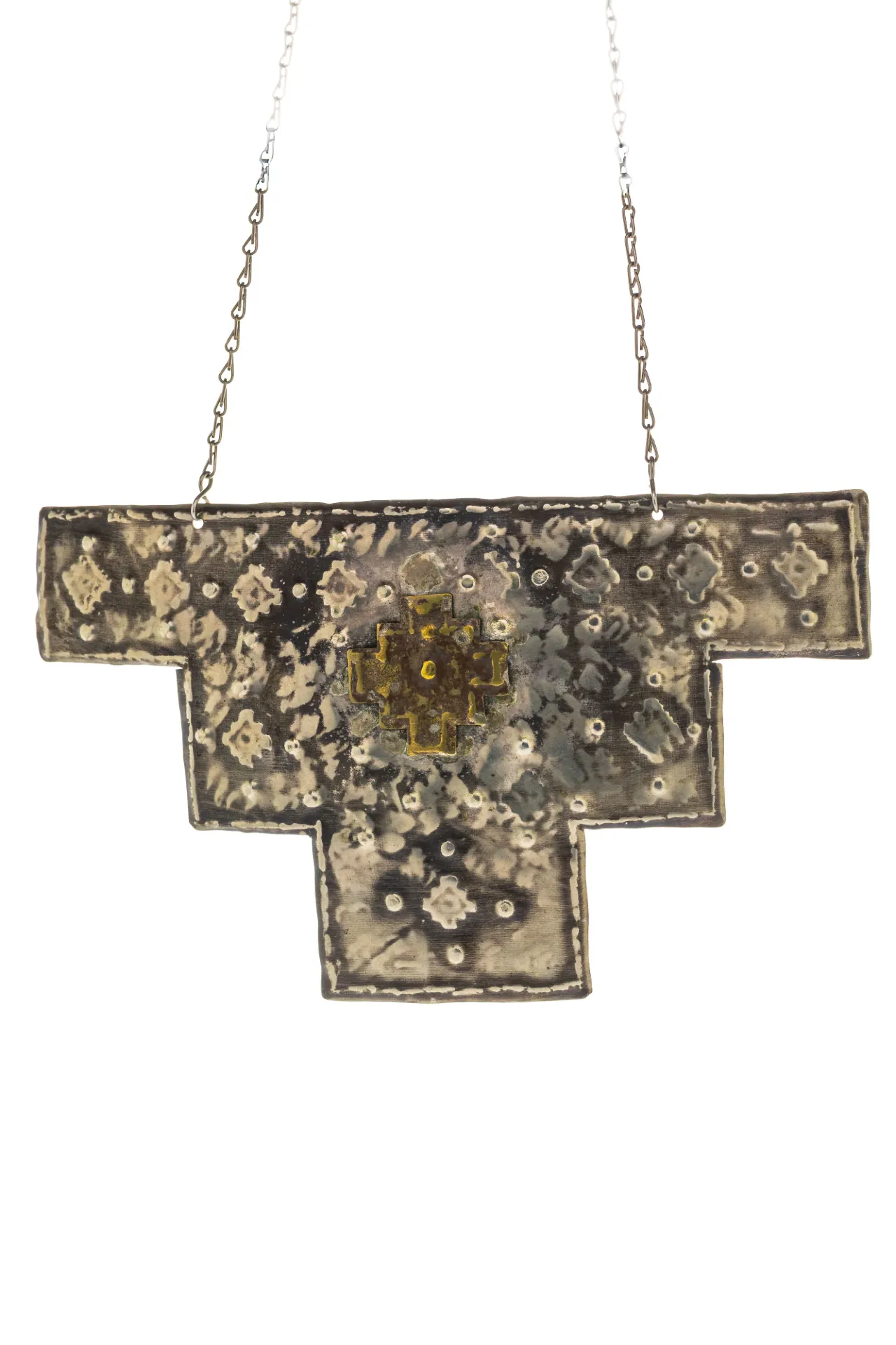 [CO-MX-SI-257] Media Chakana del Inti — Pectoral de alpaca repujada