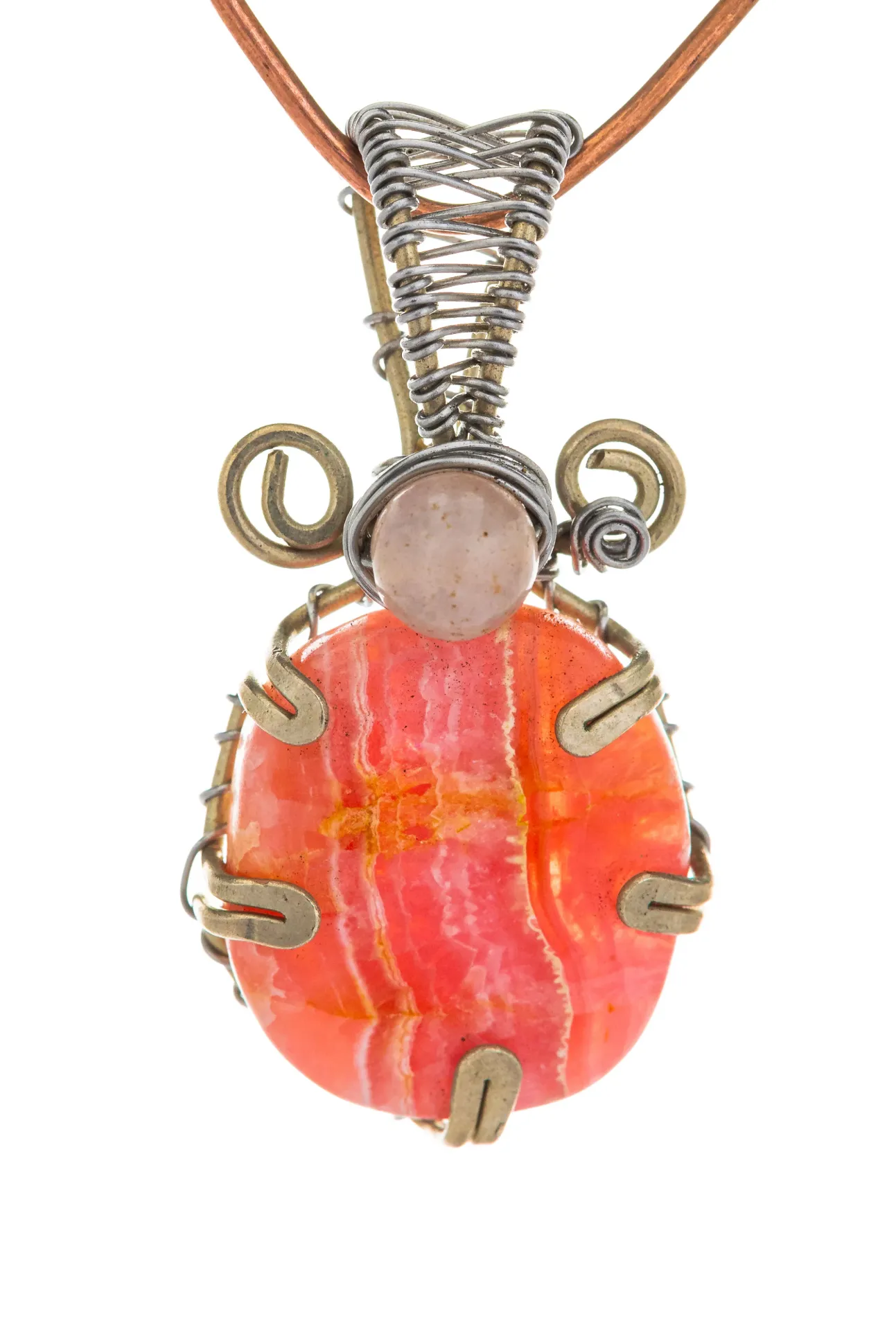[DI-MX-RO-089] Luna Rosada — Dije de rodocrosita, cuarzo rosa, alpaca y acero inoxidable