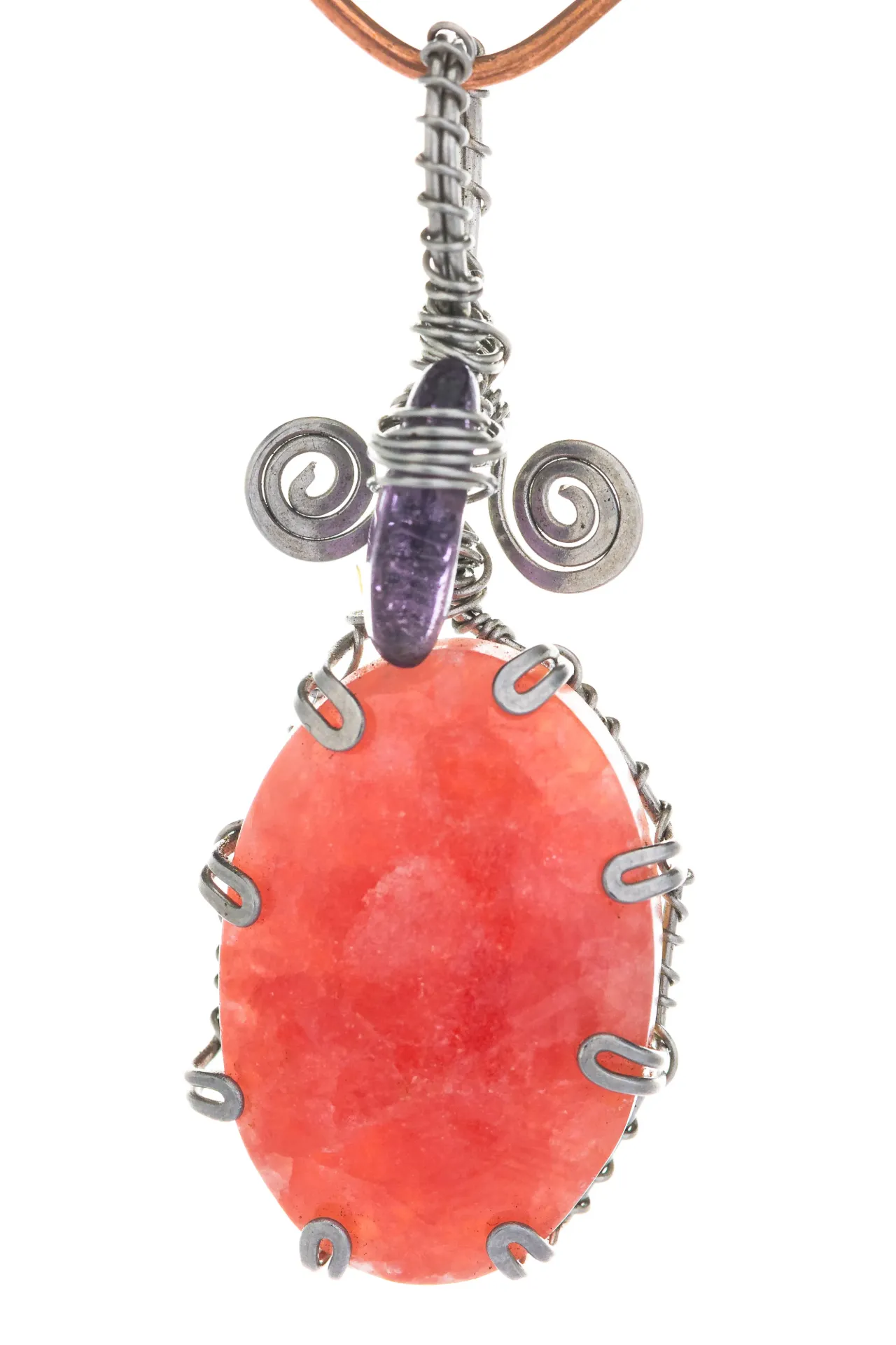 [DI-AC-RO-095] Cielo Rosado — Dije de rodocrosita, amatista y acero inoxidable